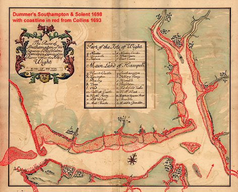 chart of Southampton area, Dummer 1698 with added   
coastline from Collins 1693
